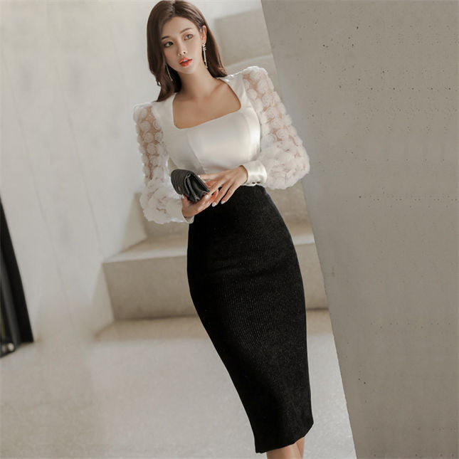 CM-SF120203 Women Elegant Seoul Style Stereo Floral Puff Sleeve Skinny Dress Set