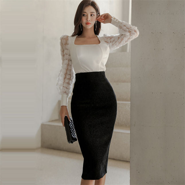 CM-SF120203 Women Elegant Seoul Style Stereo Floral Puff Sleeve Skinny Dress Set