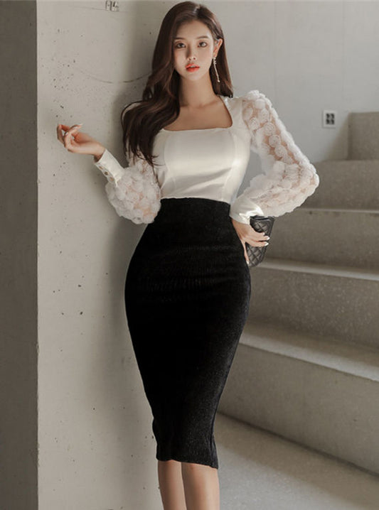 CM-SF120203 Women Elegant Seoul Style Stereo Floral Puff Sleeve Skinny Dress Set