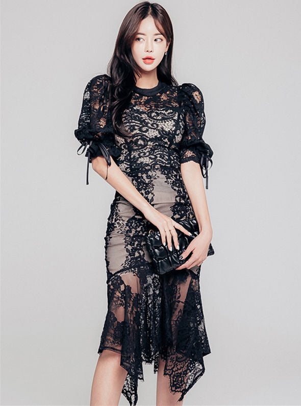 CM-SF120408 Women Charming Seoul Style Puff Sleeve Lace Floral Fishtail Dress Set