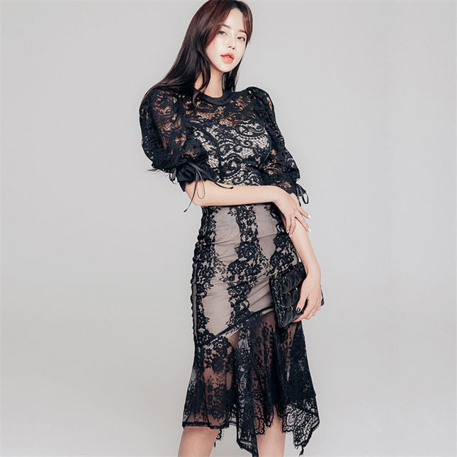 CM-SF120408 Women Charming Seoul Style Puff Sleeve Lace Floral Fishtail Dress Set