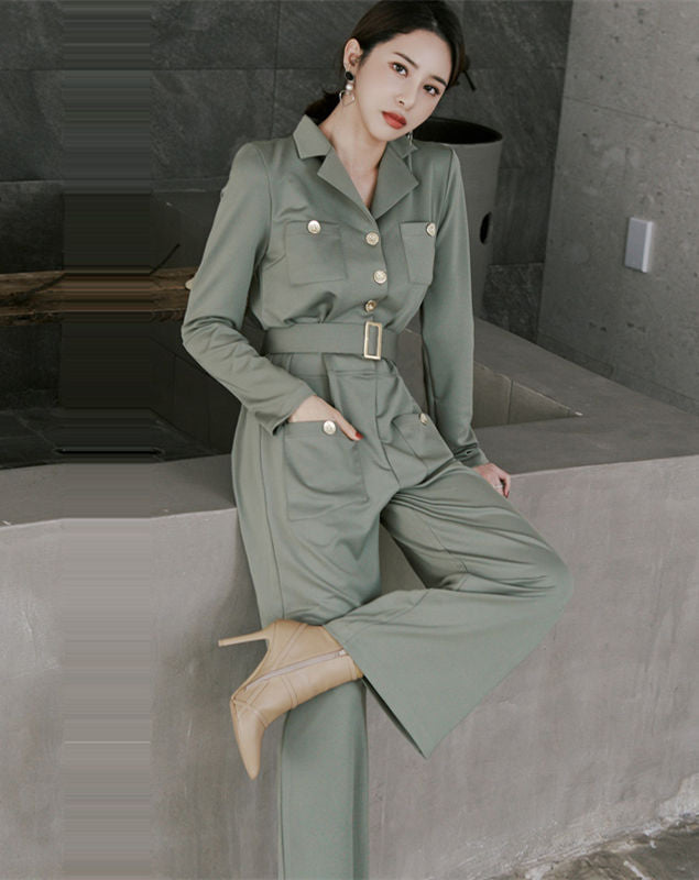 CM-JF120601 Women Elegant Seoul Style Belt Waist Tailored Collar Wide-Leg Long Jumpsuit