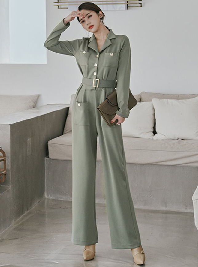 CM-JF120601 Women Elegant Seoul Style Belt Waist Tailored Collar Wide-Leg Long Jumpsuit