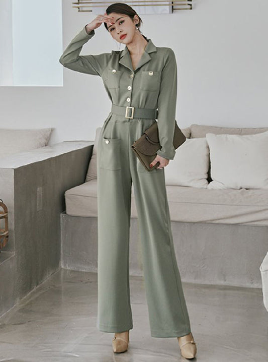 CM-JF120601 Women Elegant Seoul Style Belt Waist Tailored Collar Wide-Leg Long Jumpsuit