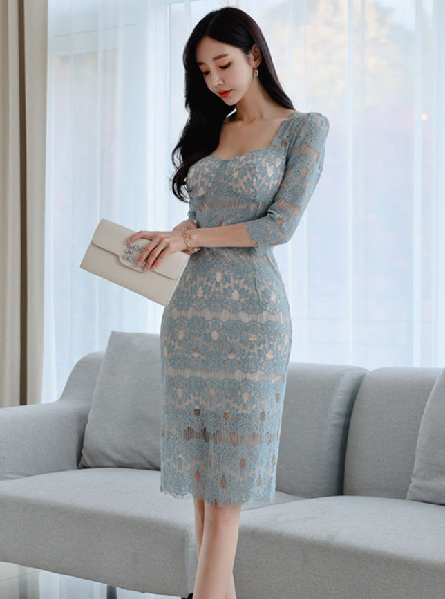 CM-DF120901 Women Elegant Seoul Style Square Collar Lace Hollow Out Bodycon Dress