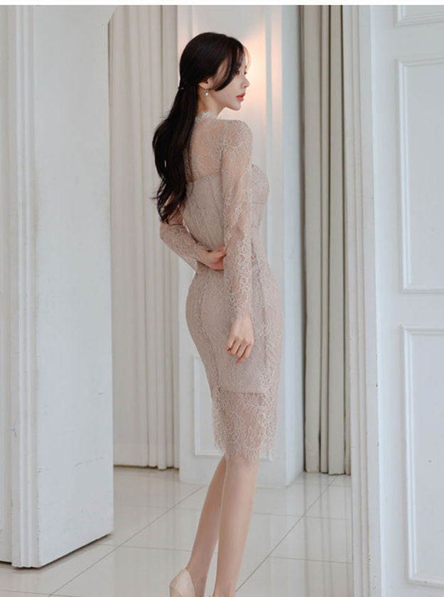 CM-DF120902 Women Elegant Seoul Style High Waist Lace Floral Long Sleeve Dress