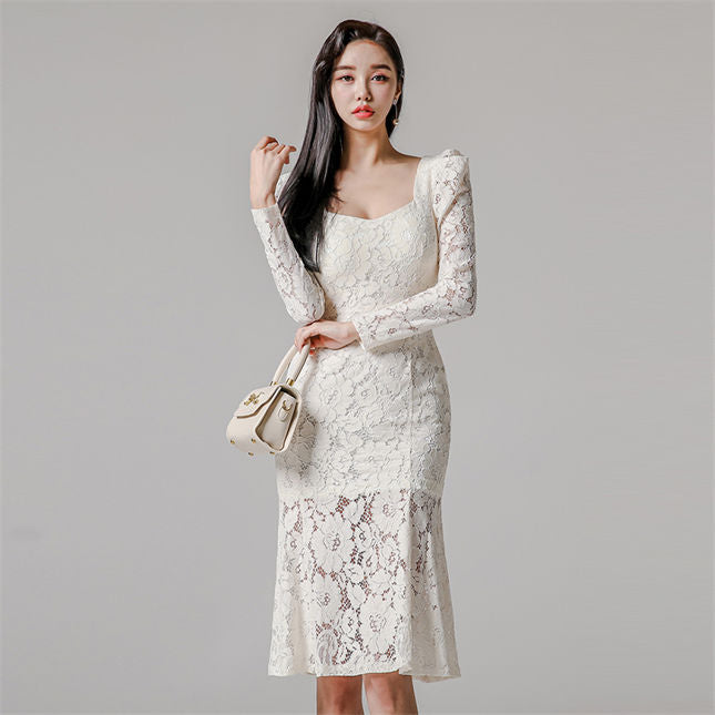 CM-DF120907 Women Elegant Seoul Style Square Collar Fishtail Lace Long Sleeve Dress