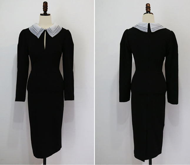 CM-DF120910 Women Casual Seoul Style Long Sleeve Doll Collar Bodycon Dress (Available in 2 colors)