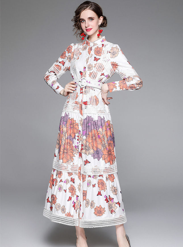 CM-DF121713 Women Elegant European Style Single-Breasted Floral Lace Splicing Long Dress