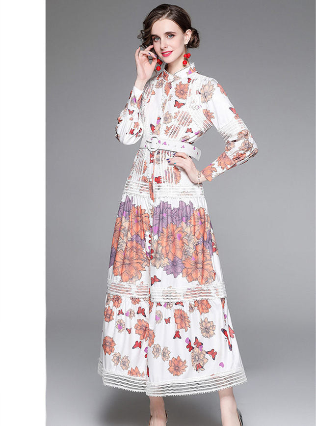 CM-DF121713 Women Elegant European Style Single-Breasted Floral Lace Splicing Long Dress