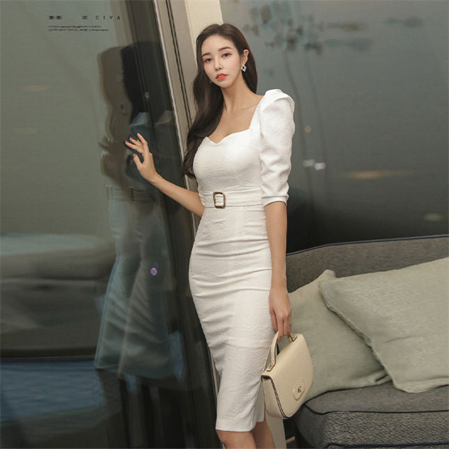 CM-DF121801 Women Elegant Seoul Style Square Collar Jacquard Floral Slim Dress