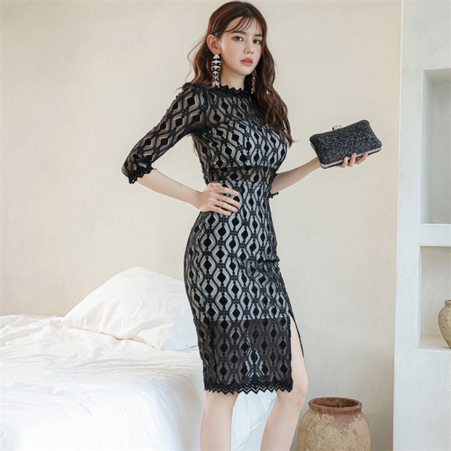 CM-DF122301 Women Elegant Seoul Style High Waist Lace Split Slim Long Sleeve Dress