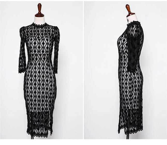 CM-DF122301 Women Elegant Seoul Style High Waist Lace Split Slim Long Sleeve Dress