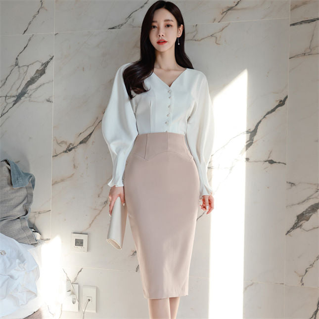CM-SF122303 Women Elegant Seoul Style V-Neck Puff Sleeve Blouse With Slim Midi Skirt - Set