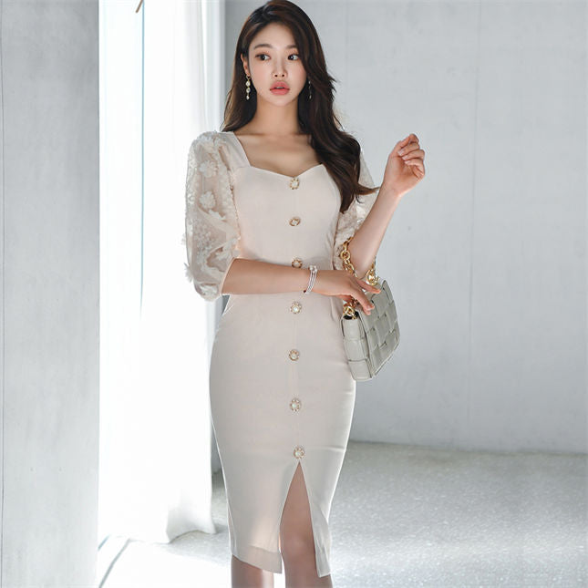 CM-DF122407 Women Casual Seoul Style Single-Breasted Floral Puff Sleeve Slim Dress