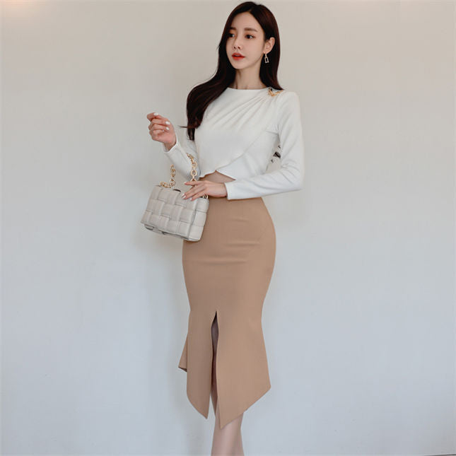 CM-SF122406 Women Elegant Seoul Style Cross Short T-Shirt With Fishtail Midi Skirt - Set