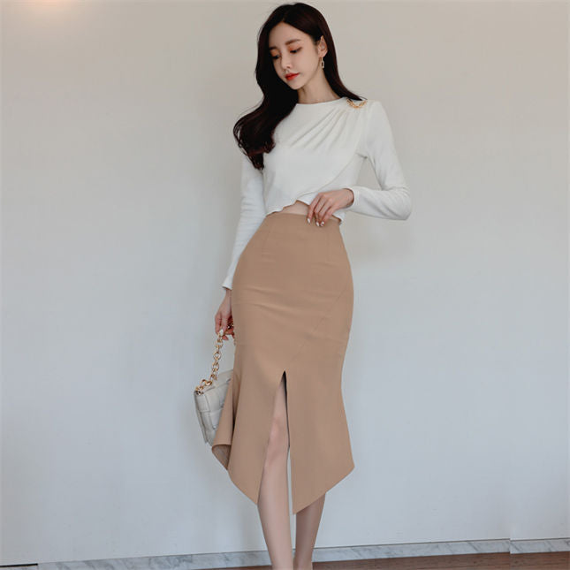 CM-SF122406 Women Elegant Seoul Style Cross Short T-Shirt With Fishtail Midi Skirt - Set