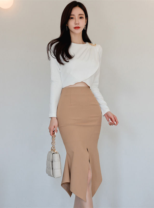 CM-SF122406 Women Elegant Seoul Style Cross Short T-Shirt With Fishtail Midi Skirt - Set