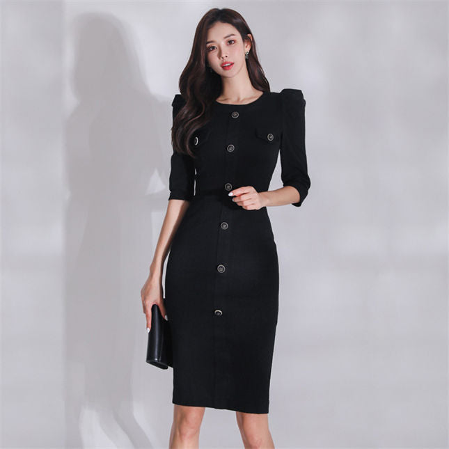CM-DF122603 Women Casual Seoul Style Round Neck Single-Breasted Mid-Sleeve Slim Dress