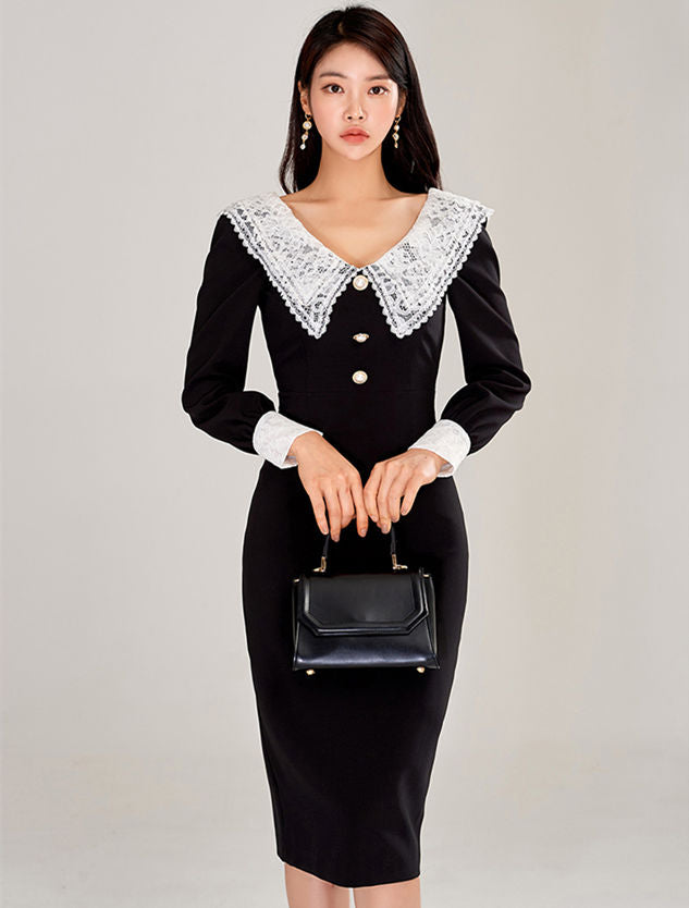CM-DF122609 Women Casual Seoul Style Long Sleeve Lace Doll Collar Bodycon Dress (Available in 2 colors)