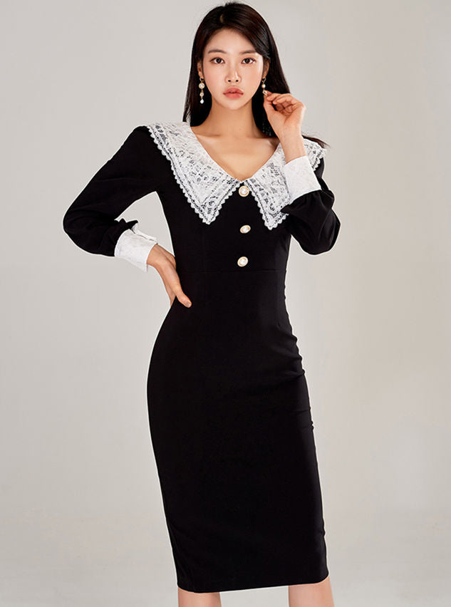 CM-DF122609 Women Casual Seoul Style Long Sleeve Lace Doll Collar Bodycon Dress (Available in 2 colors)