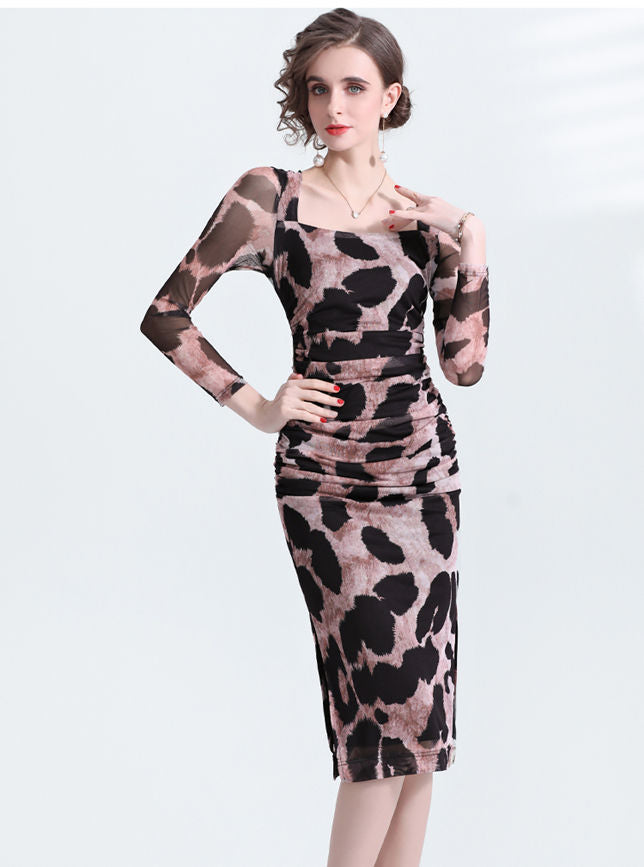 CM-DF122709 Women Elegant European Style Square Collar Pleated Leopard Bodycon Dress