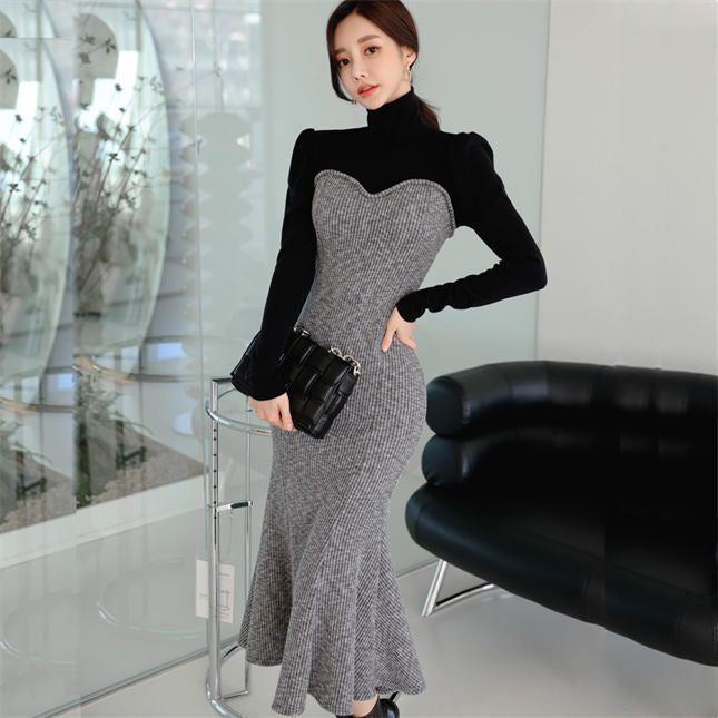 CM-DF122801 Women Casual Seoul Style Stand Collar Splicing Fishtail Slim Long Dress