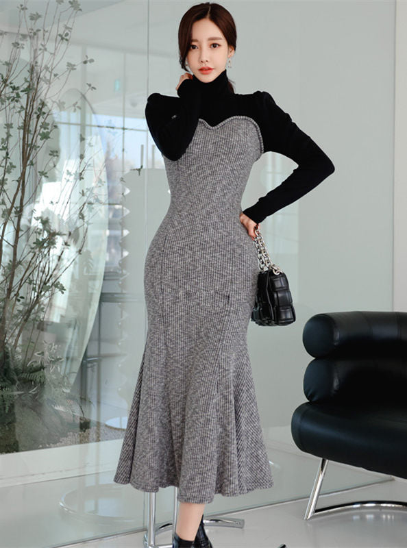 CM-DF122801 Women Casual Seoul Style Stand Collar Splicing Fishtail Slim Long Dress