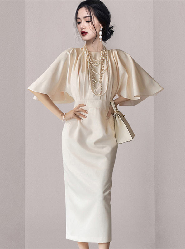 CM-DF122803 Women Elegant Seoul Style High Waist Puff Sleeve Bodycon Long Dress