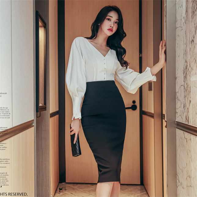 CM-SF122903 Women Elegant Seoul Style V-Neck Puff Sleeve Blouse With Slim Midi Skirt - Set