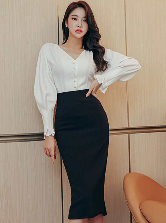 CM-SF122903 Women Elegant Seoul Style V-Neck Puff Sleeve Blouse With Slim Midi Skirt - Set