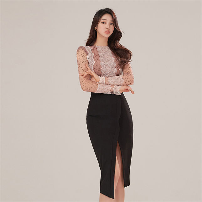 CM-SF122907 Women Elegant Seoul Style Dots Lace Slim Blouse With Split Midi Skirt - Set
