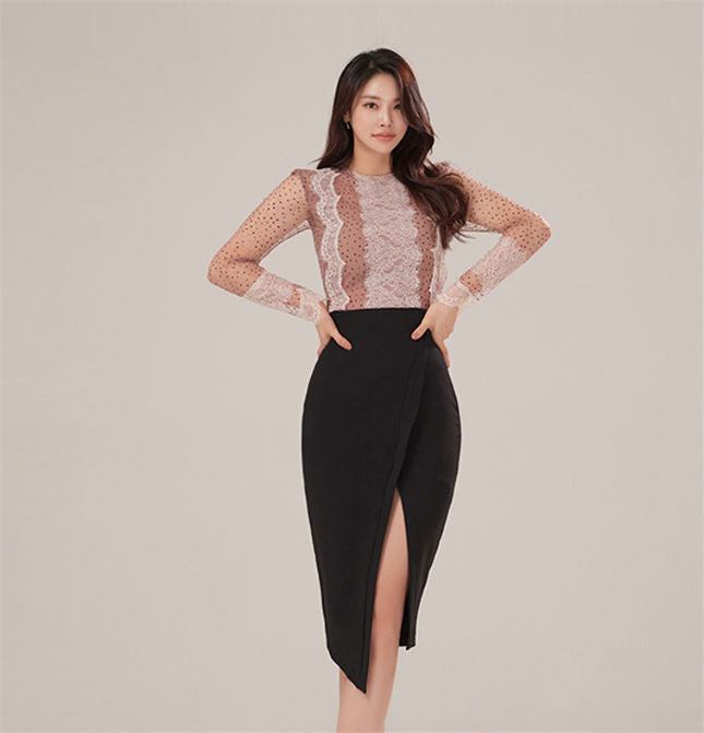 CM-SF122907 Women Elegant Seoul Style Dots Lace Slim Blouse With Split Midi Skirt - Set