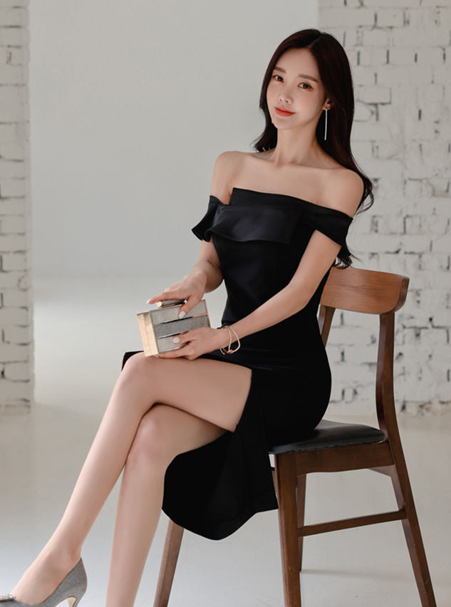 CM-DF010503 Women Elegant Seoul Style Boat Neck Split Bodycon Tank Dress - Black