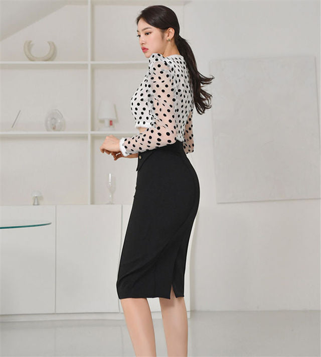 CM-SF010602 Women Elegant Seoul Style Dots Puff Sleeve Blouse With Skinny Midi Skirt - Set