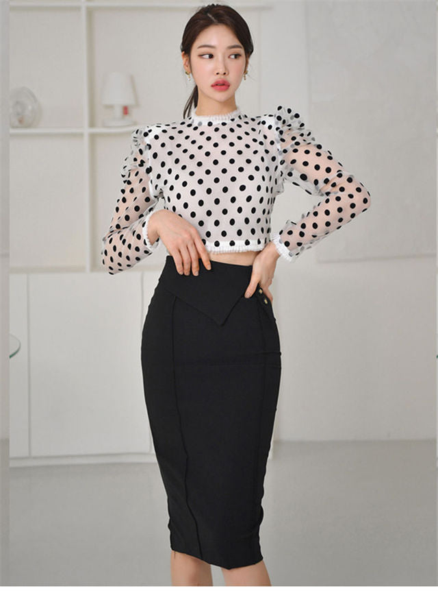 CM-SF010602 Women Elegant Seoul Style Dots Puff Sleeve Blouse With Skinny Midi Skirt - Set