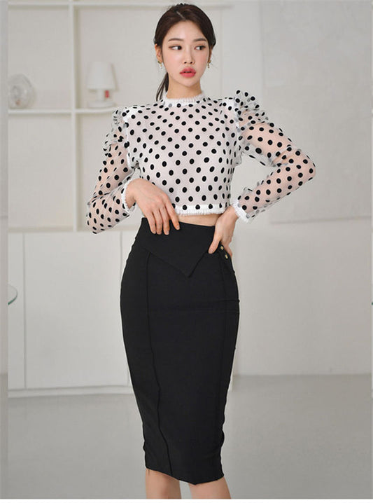 CM-SF010602 Women Elegant Seoul Style Dots Puff Sleeve Blouse With Skinny Midi Skirt - Set