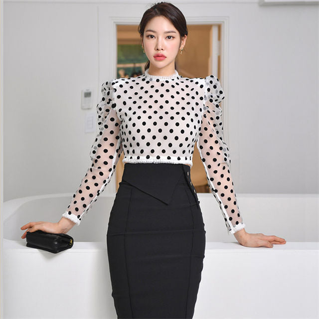 CM-SF010602 Women Elegant Seoul Style Dots Puff Sleeve Blouse With Skinny Midi Skirt - Set