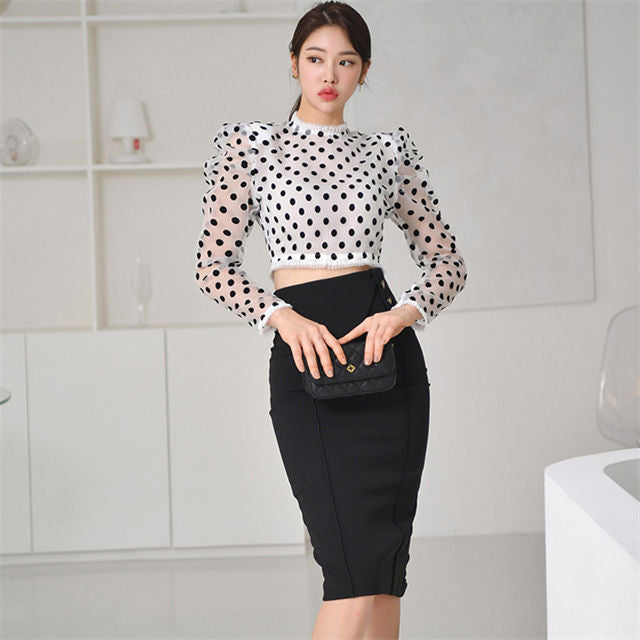 CM-SF010602 Women Elegant Seoul Style Dots Puff Sleeve Blouse With Skinny Midi Skirt - Set