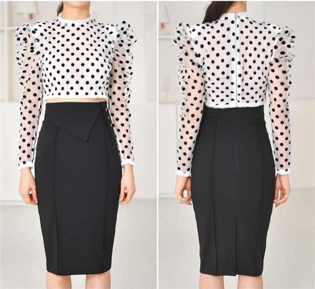 CM-SF010602 Women Elegant Seoul Style Dots Puff Sleeve Blouse With Skinny Midi Skirt - Set