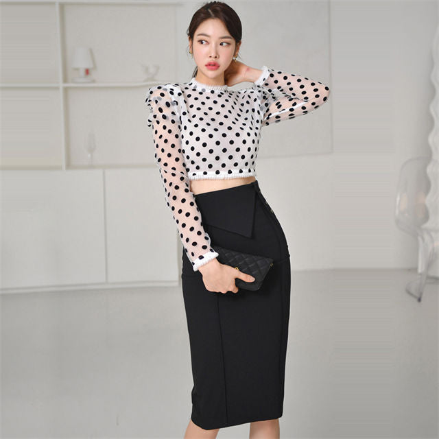 CM-SF010602 Women Elegant Seoul Style Dots Puff Sleeve Blouse With Skinny Midi Skirt - Set