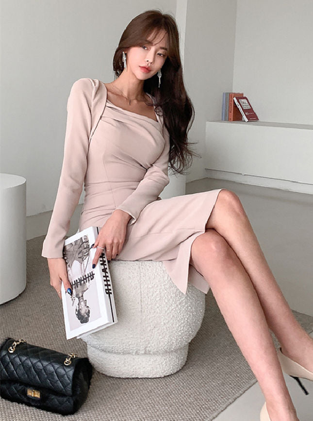 CM-DF012014 Women Casual Seoul Style Pleated Square Collar Long Sleeve Bodycon Dress