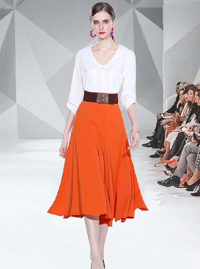 CM-SF012305 Women Elegant Seoul Style Doll Collar Blouse With Belt Flouncing A-Line Skirt - Set