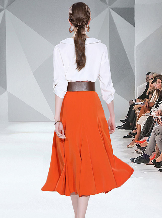 CM-SF012305 Women Elegant Seoul Style Doll Collar Blouse With Belt Flouncing A-Line Skirt - Set