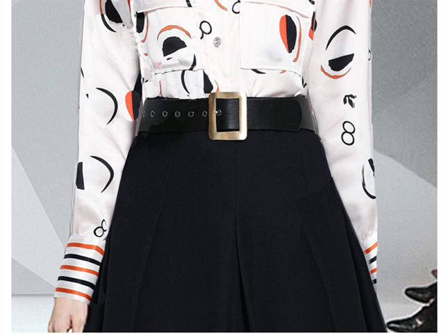 CM-SF020803 Women Casual Seoul Style Floral Loosen Blouse With Belt Waist A-Line Skirt - Set