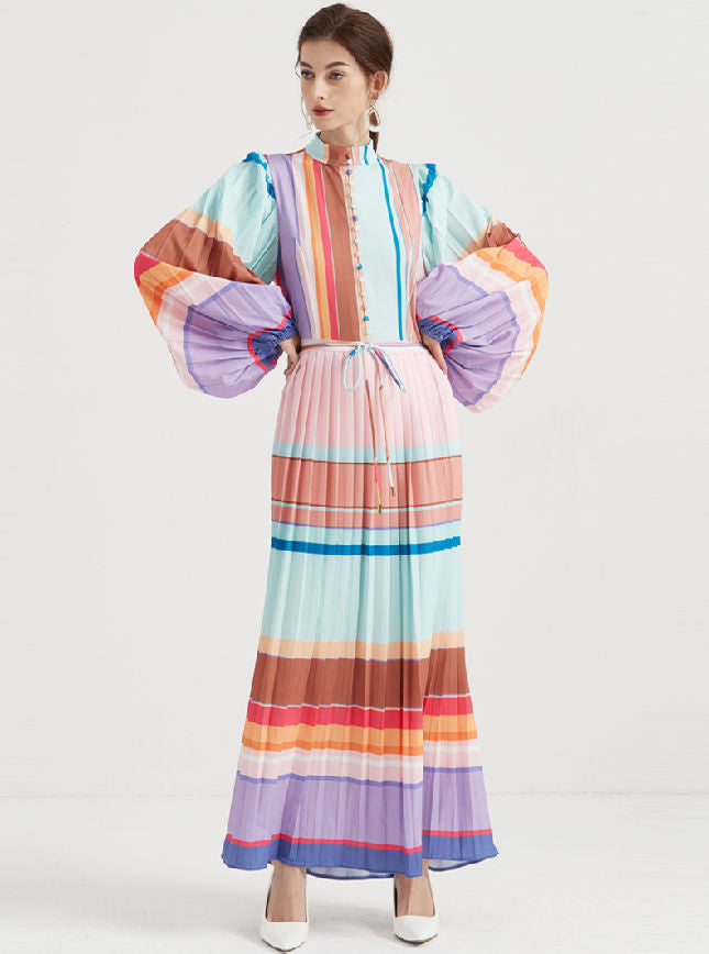 CM-DF020805 Women Elegant European Style Rainbow Stripes Puff Sleeve Pleated Maxi Dress