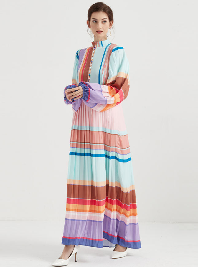 CM-DF020805 Women Elegant European Style Rainbow Stripes Puff Sleeve Pleated Maxi Dress