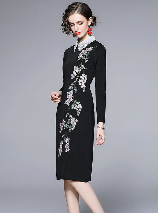 CM-DF021009 Women Elegant European Style Doll Collar Floral Embroidery Slim Dress