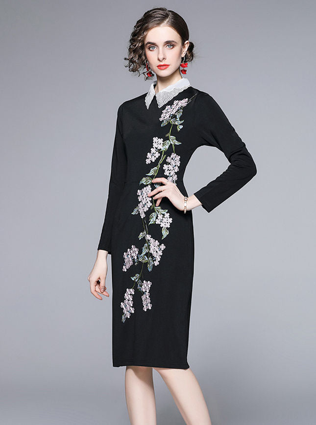 CM-DF021009 Women Elegant European Style Doll Collar Floral Embroidery Slim Dress