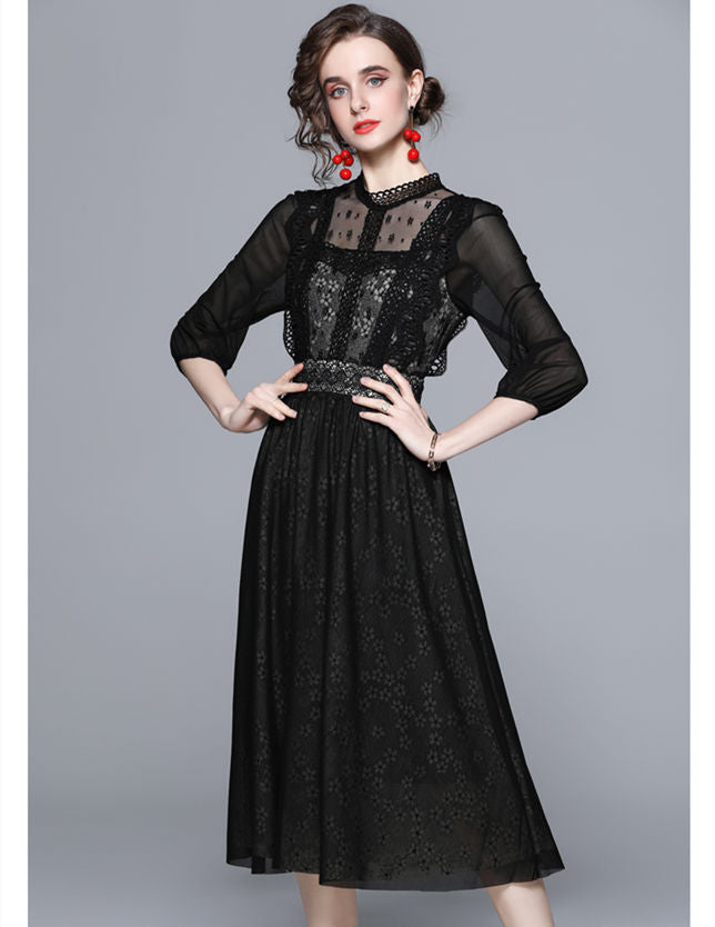 CM-DF021401 Women Elegant European Style Lace High Waist Splicing Gauze A-Line Dress